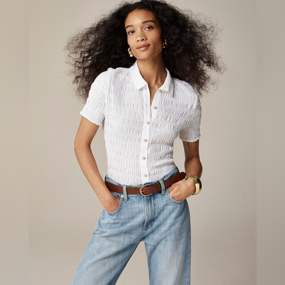 J.Crew Lavender Smocked Polo Button-Front Top - Picture 2 of 3